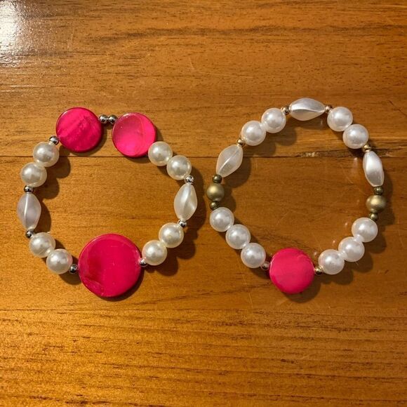 Handmade beaded stretch bracelet set pink white - Picture 1 of 3